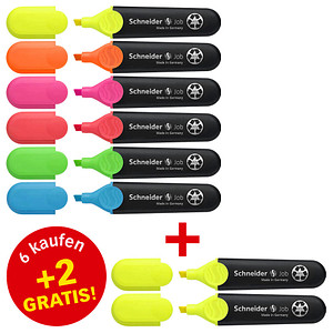 6 + 2 GRATIS: Schneider Job Textmarker farbsortiert, 6 St. + GRATIS 2 St.