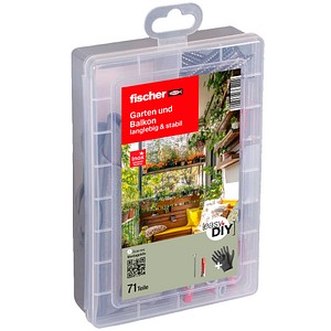 fischer easyDIY Box Garten und Balkon rostfrei 553339 Dübel- und Schrauben-Sortiment, 71-teilig