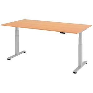 HAMMERBACHER XDSM2E elektrisch höhenverstellbarer Schreibtisch buche rechteckig, T-Fuß-Gestell silber 200,0 x 100,0 cm