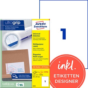 AVERY Zweckform Etiketten 6119 weiß 210,0 x 297,0 mm, 30 Blatt