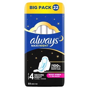 always Binden Maxi Night mit Flügeln für mittlere bis starke Nächte, 22 St.