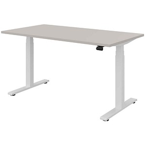 fm fouraction elektrisch höhenverstellbarer Schreibtisch lichtgrau rechteckig, T-Fuß-Gestell weiß 140,0 x 80,0 cm