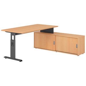 HAMMERBACHER OSE16SB höhenverstellbarer Schreibtisch buche rechteckig, T-Fuß-Gestell grau 160,0 x 80,0 cm