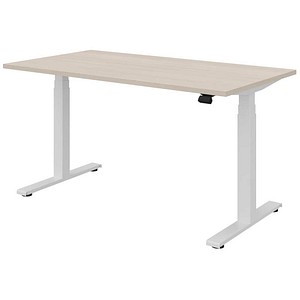 fm fouraction elektrisch höhenverstellbarer Schreibtisch akazie hell rechteckig, T-Fuß-Gestell weiß 140,0 x 80,0 cm