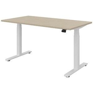 fm fouraction elektrisch höhenverstellbarer Schreibtisch königsahorn rechteckig, T-Fuß-Gestell weiß 140,0 x 80,0 cm