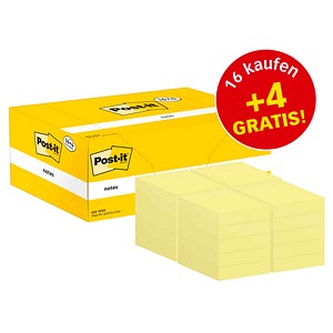 16 + 4 GRATIS: Post-it® Notes Haftnotizen gelb, 16 Blöcke + GRATIS 4 Blöcke