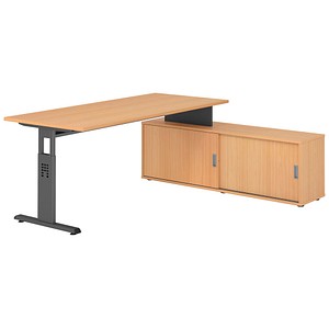 HAMMERBACHER OSE19SB höhenverstellbarer Schreibtisch buche rechteckig, T-Fuß-Gestell grau 180,0 x 80,0 cm