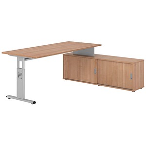 HAMMERBACHER OSE19SB höhenverstellbarer Schreibtisch nussbaum rechteckig, T-Fuß-Gestell silber 180,0 x 80,0 cm