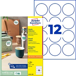 AVERY Zweckform Etiketten L3416-100 weiß 60,0 x 60,0 mm, 100 Blatt