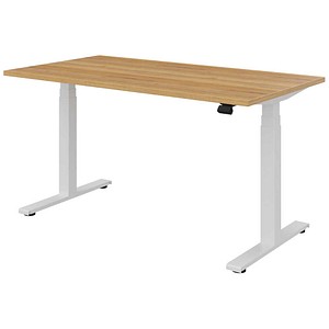 fm fouraction elektrisch höhenverstellbarer Schreibtisch eiche rechteckig, T-Fuß-Gestell weiß 140,0 x 80,0 cm