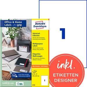 AVERY Zweckform Etiketten 6125 weiß 210,0 x 297,0 mm, 10 Blatt