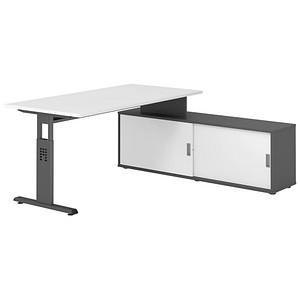 HAMMERBACHER OSE16SB höhenverstellbarer Schreibtisch weiß rechteckig, T-Fuß-Gestell grau 160,0 x 80,0 cm