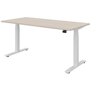 fm fouraction elektrisch höhenverstellbarer Schreibtisch akazie hell rechteckig, T-Fuß-Gestell weiß 160,0 x 80,0 cm