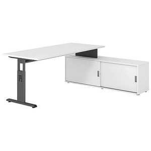 HAMMERBACHER OSE19SB höhenverstellbarer Schreibtisch weiß rechteckig, T-Fuß-Gestell grau 180,0 x 80,0 cm