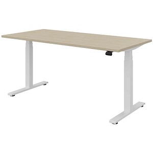 fm fouraction elektrisch höhenverstellbarer Schreibtisch königsahorn rechteckig, T-Fuß-Gestell weiß 160,0 x 80,0 cm
