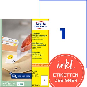 AVERY Zweckform Etiketten L4735REV-100 weiß 210,0 x 297,0 mm, 100 Blatt