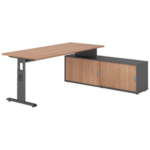 HAMMERBACHER OSE19SB höhenverstellbarer Schreibtisch nussbaum rechteckig, T-Fuß-Gestell grau 180,0 x 80,0 cm