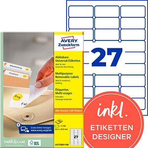 AVERY Zweckform Etiketten L4737REV-100 weiß 63,5 x 29,6 mm, 100 Blatt