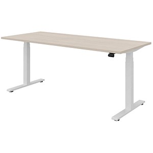 fm fouraction elektrisch höhenverstellbarer Schreibtisch akazie hell rechteckig, T-Fuß-Gestell weiß 180,0 x 80,0 cm