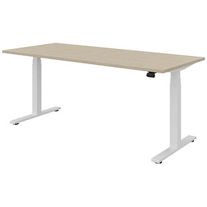 fm fouraction elektrisch höhenverstellbarer Schreibtisch königsahorn rechteckig, T-Fuß-Gestell weiß 180,0 x 80,0 cm