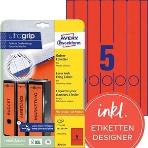 AVERY Zweckform Ordneretiketten L4748-20 rot, 20 Blatt