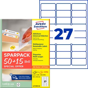 AVERY Zweckform Etiketten weiß 63,5 x 29,6 mm, 65 Blatt