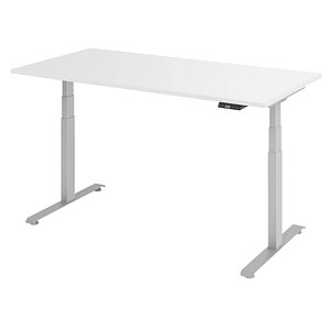 BaseLite elektrisch höhenverstellbarer Schreibtisch weiß rechteckig, T-Fuß-Gestell silber 160,0 x 80,0 cm