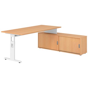 HAMMERBACHER OSE19SB höhenverstellbarer Schreibtisch buche rechteckig, T-Fuß-Gestell weiß 180,0 x 80,0 cm