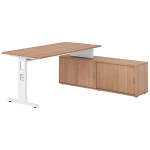 HAMMERBACHER OSE16SB höhenverstellbarer Schreibtisch nussbaum rechteckig, T-Fuß-Gestell weiß 160,0 x 80,0 cm