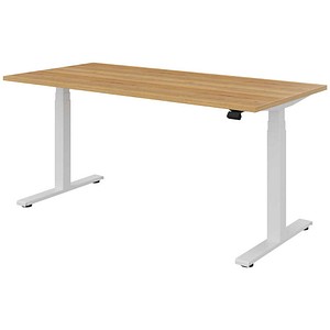 fm fouraction elektrisch höhenverstellbarer Schreibtisch eiche rechteckig, T-Fuß-Gestell weiß 160,0 x 80,0 cm