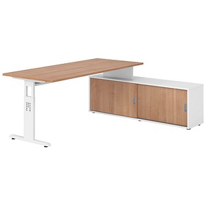 HAMMERBACHER OSE19SB höhenverstellbarer Schreibtisch nussbaum rechteckig, T-Fuß-Gestell weiß 180,0 x 80,0 cm