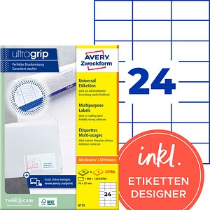 AVERY Zweckform Etiketten 6173 weiß 70,0 x 37,0 mm, 30 Blatt