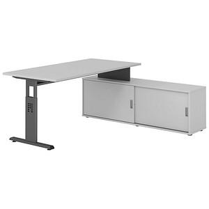HAMMERBACHER OSE16SB höhenverstellbarer Schreibtisch lichtgrau rechteckig, T-Fuß-Gestell grau 160,0 x 80,0 cm