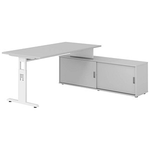 HAMMERBACHER OSE16SB höhenverstellbarer Schreibtisch lichtgrau rechteckig, T-Fuß-Gestell weiß 160,0 x 80,0 cm
