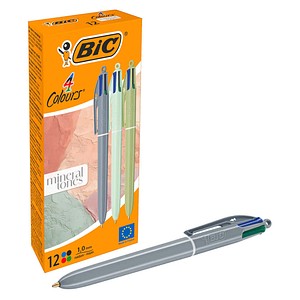 BIC 4-Farben-Kugelschreiber 4 Colours mineral tones grau, helltürkis, olivgrün, Schreibfarbe: blau, rot, grün, schwarz, 12 St.