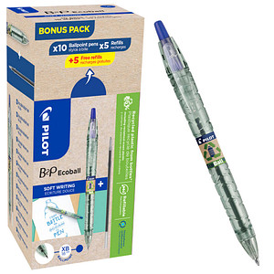 AKTION: PILOT Kugelschreiber B2P „Bottle 2 Pen“ ECOBALL XB transparent/blau, Schreibfarbe: blau, 10 St. + GRATIS 5 Kugelschreiberminen