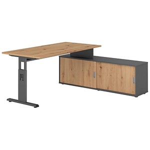 HAMMERBACHER OSE16SB höhenverstellbarer Schreibtisch asteiche rechteckig, T-Fuß-Gestell grau 160,0 x 80,0 cm