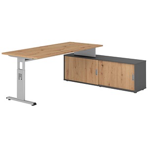 HAMMERBACHER OSE19SB höhenverstellbarer Schreibtisch asteiche rechteckig, T-Fuß-Gestell silber 180,0 x 80,0 cm