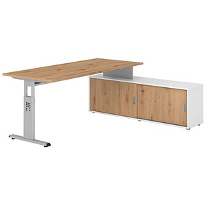 HAMMERBACHER OSE19SB höhenverstellbarer Schreibtisch asteiche rechteckig, T-Fuß-Gestell silber 180,0 x 80,0 cm
