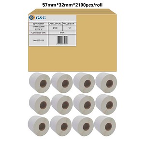 G&G Etikettenrollen für Etikettendrucker ersetzt Zebra 800262-125 weiß, 57,0 x 32,0 mm, 12 x 2100 Etiketten