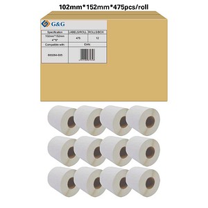 G&G Etikettenrollen für Etikettendrucker ersetzt Zebra 800264-605 weiß, 102,0 x 152,0 mm, 12 x 475 Etiketten