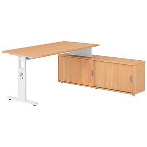 HAMMERBACHER OSE16SB höhenverstellbarer Schreibtisch buche rechteckig, T-Fuß-Gestell weiß 160,0 x 80,0 cm