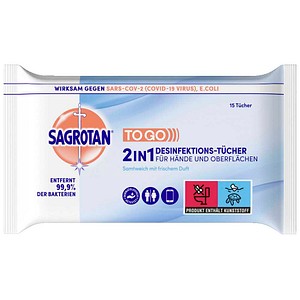 SAGROTAN® Desinfektionstücher TO GO 2IN1 1-lagig weiß, 15 Tücher