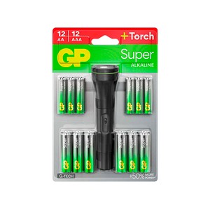 AKTION: GP Batterien SUPER Alkali-Mangan Mignon AA, Mignon AAA 1,5 V, 24 St. + GRATIS Taschenlampe