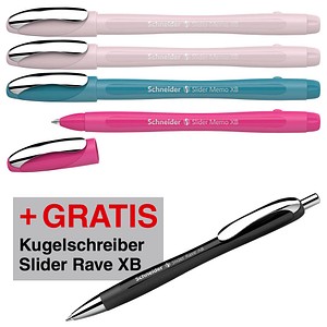 AKTION: Schneider Kugelschreiber Slider Memo farbsortiert, Schreibfarbe: blau, 4 St. + GRATIS Schneider Kugelschreiber Slider Rave XB black