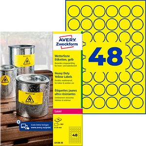 AVERY Zweckform wetterfeste Folienetiketten L6128-20 gelb 30,0 x 30,0 mm, 20 Blatt