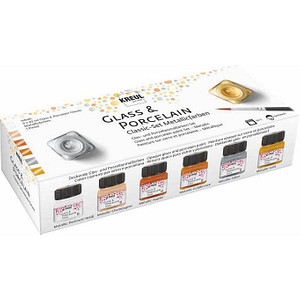 KREUL Metallic Porzellanfarben farbsortiert 6 Gläser à 20 ml in Metallic-Perlmutt-Weiß, Metallic-Champagner, Metallic-Kupfer, Metallic-Goldbronze, Metallic-Silber, Metallic-Gold, 1 Pinsel