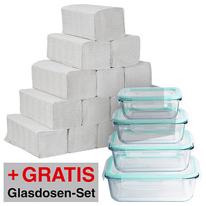 AKTION: Printus Papierhandtücher Zick-Zack-Falzung 2-lagig 2x 3.200 Tücher + GRATIS MAXXMEE Glas-Frischhaltedosen-Set 4-tlg.