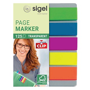 SIGEL Haftmarker transparent mit Clip Haftmarker farbsortiert 5x 25 Streifen