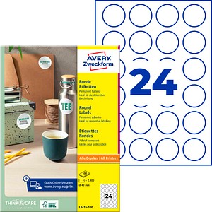 AVERY Zweckform Etiketten L3415-100 weiß 40,0  x 40,0 mm, 100 Blatt